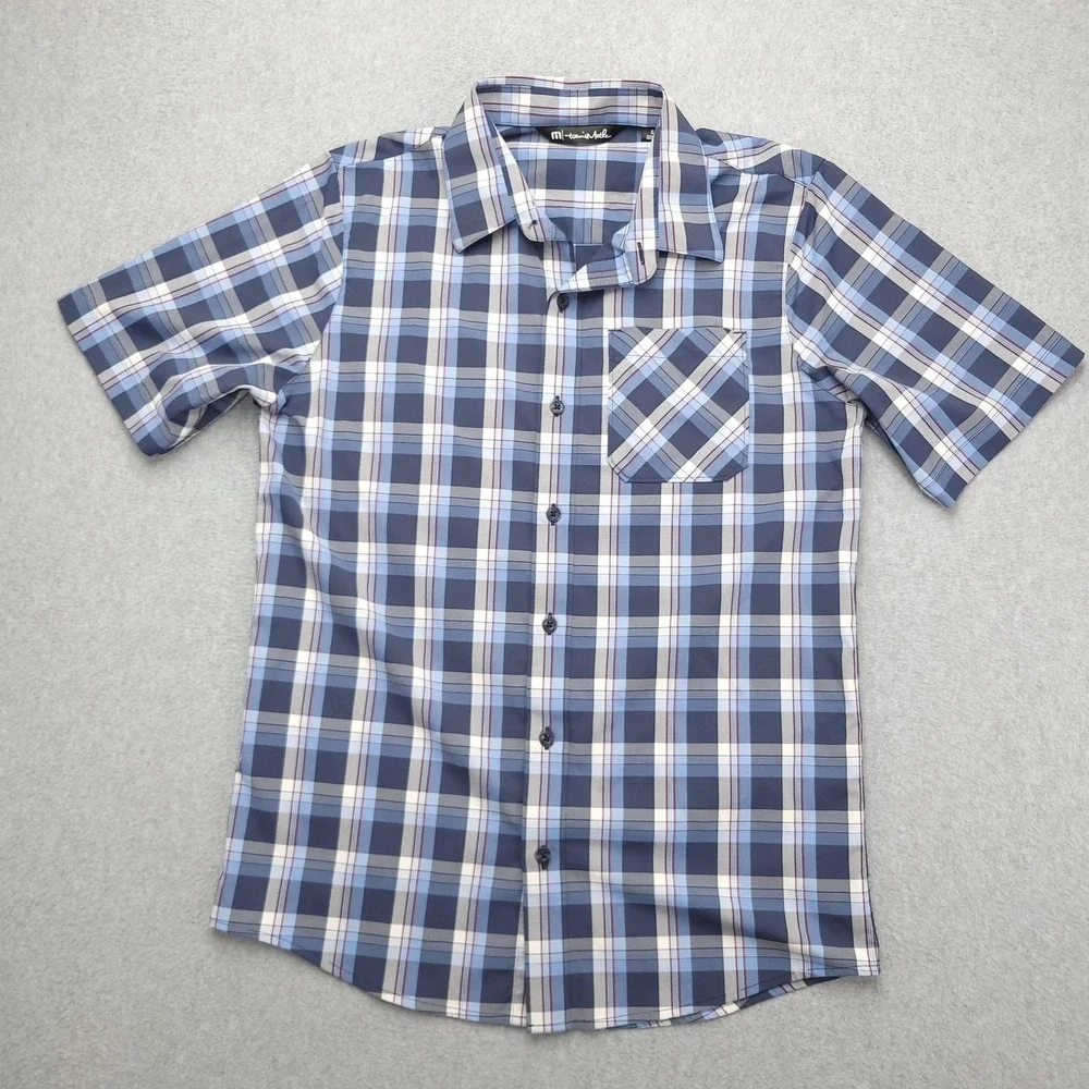Travis Mathew Shirt Mens S Blue Plaid Short Sleeve Button Up Stretch Casual